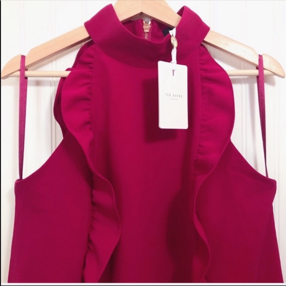 Ted Baker London Torriya Ruffled Sleeveless Halter Tunic Dress In Deep Pink NWT - Picture 8 of 12